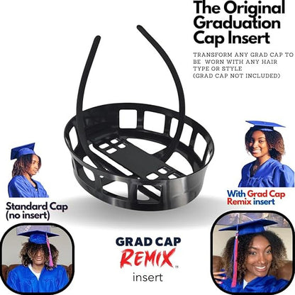 Grad Cap Remix - headband system that transforms your school-provided graduation cap into one that fits your hair and style. Remix your Cap, Not your Hair - Secure your Graduation Cap